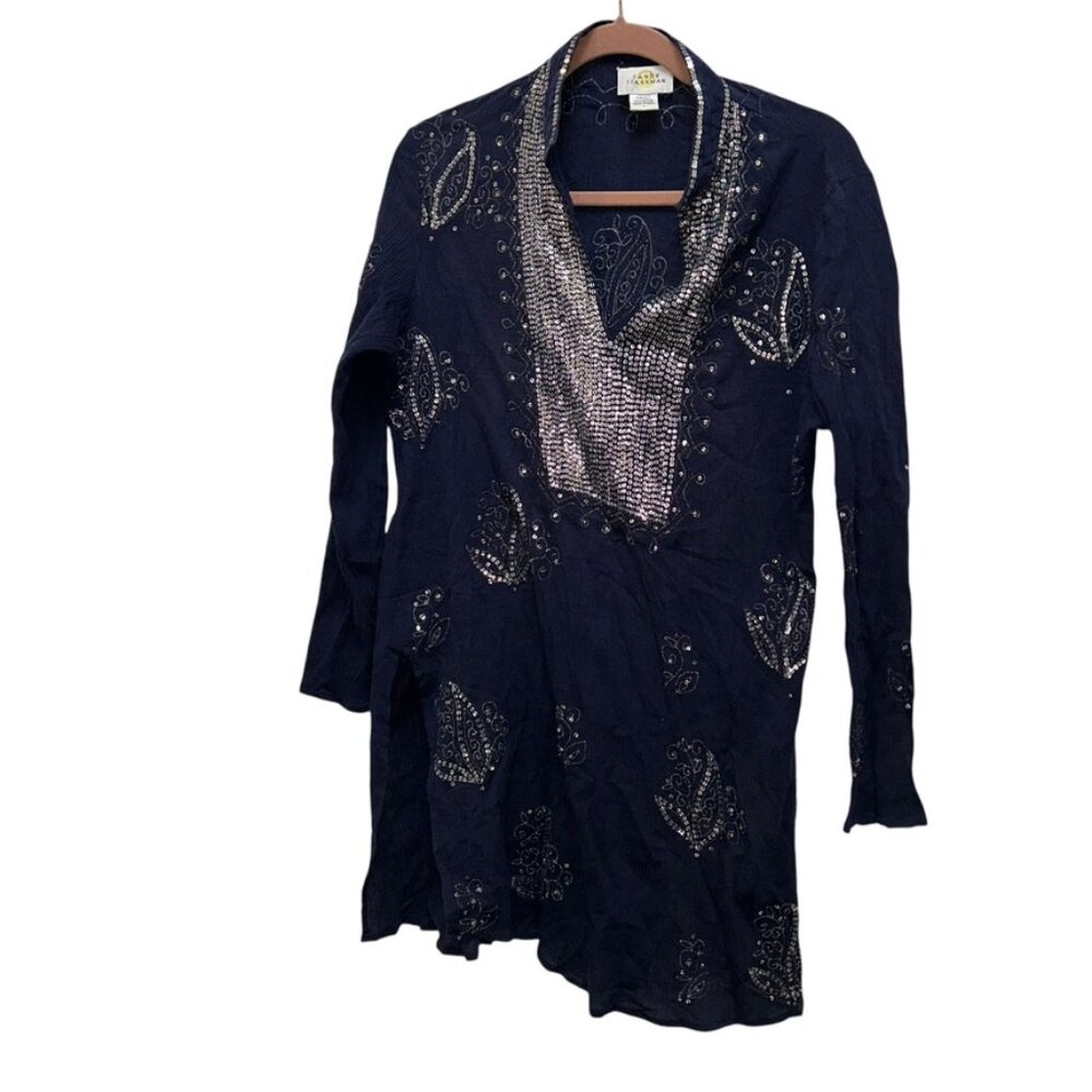 Sandy Starkman Embellished Navy Midi Dress with Sequin Cowl Neck